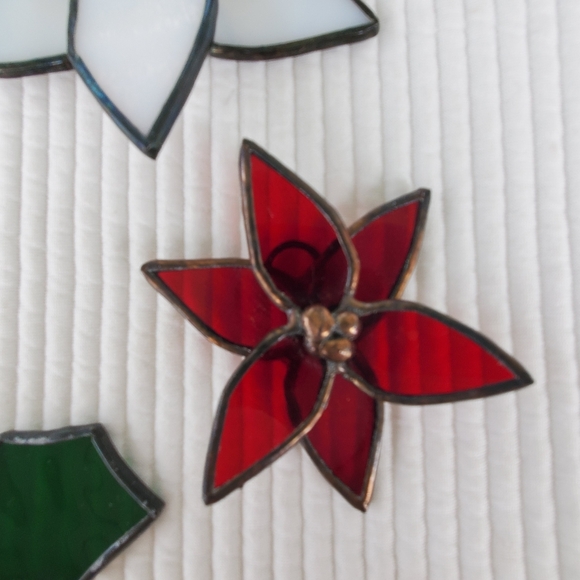5 Handmade Clear Lead Stain Glass Christmas Ornaments Vintage Holly Bell Flower - Picture 3 of 6